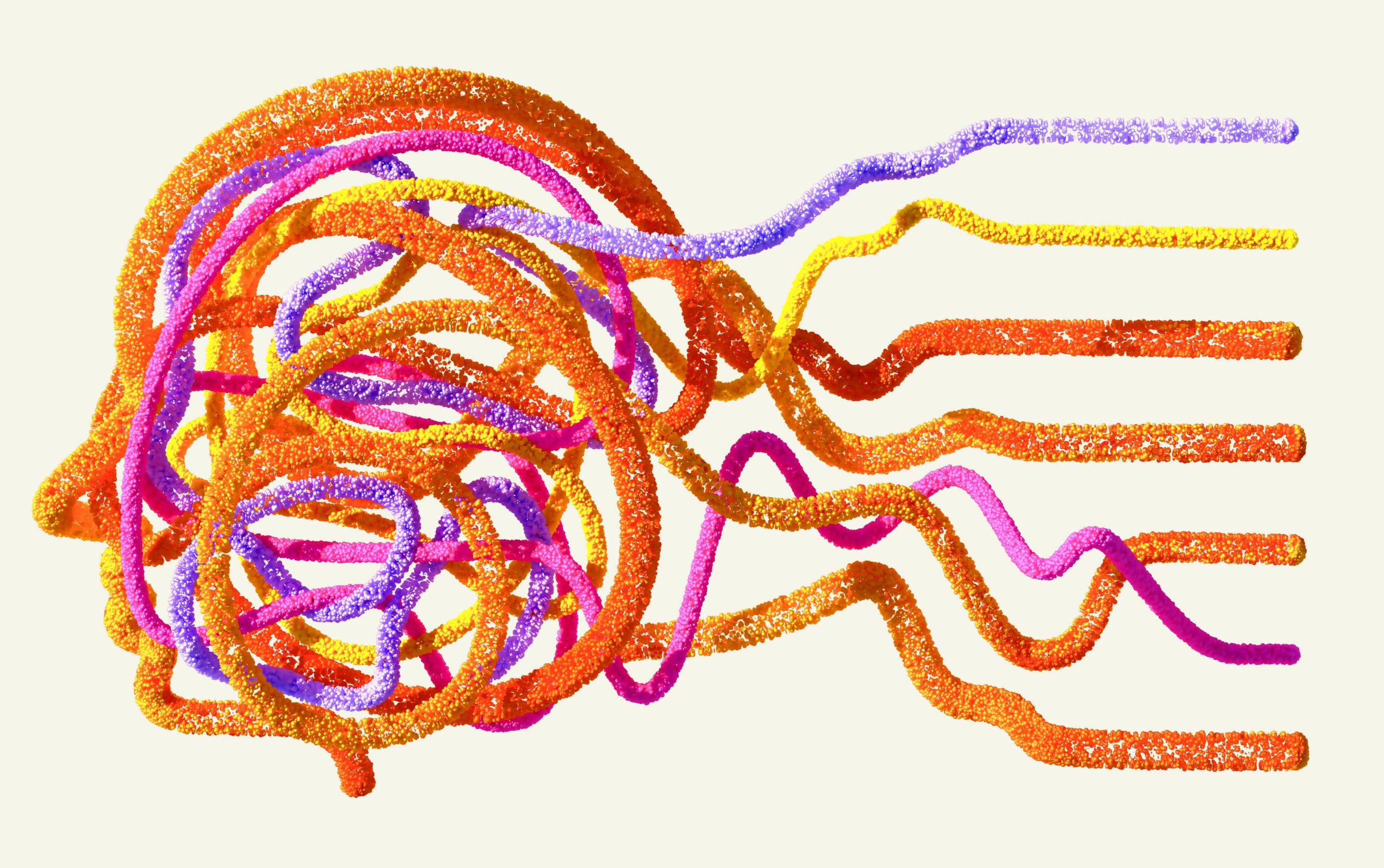 Abstract colorful head silhouette with ribbons wires streaming behind